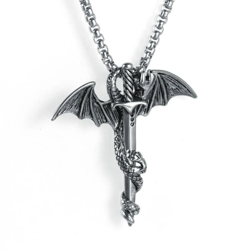 Vintage Stainless Steel Men's Dragon Necklace Fashion Steel Dragon Sword Chinese Pendant for Women Biker Jewelry Gift