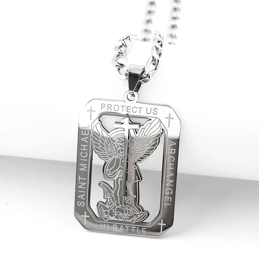 Archangel St.Michael Protect Us Medal Cross Pendant Necklace for Women Men Stainless Steel Saint Michael Amulet Chain Jewelry