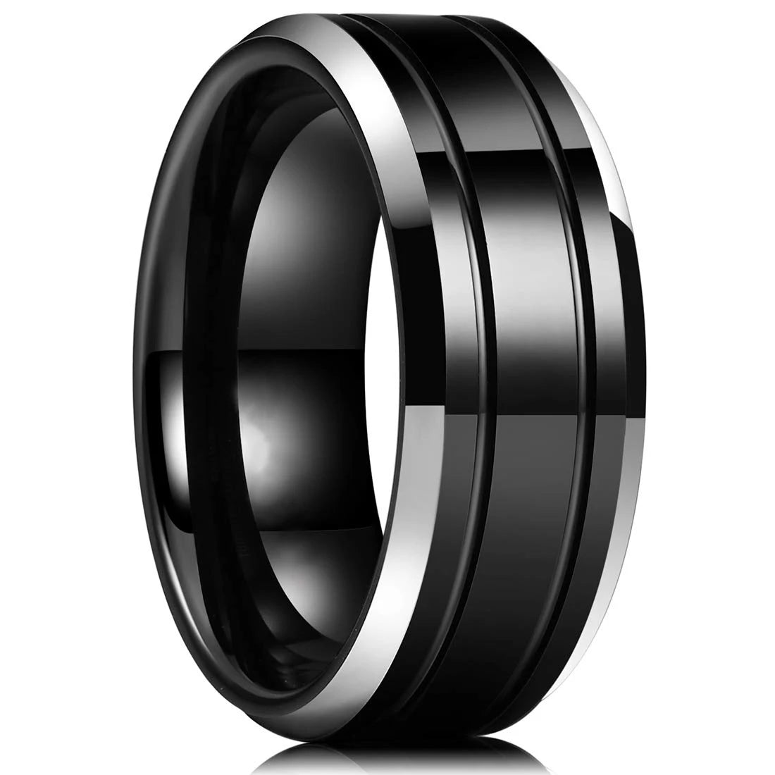 Fashion 8mm Gold Color Groove Men Stainless Steel Rings Silver Color Brushed Black edge Rings For Men Women Wedding Band Jewelry
