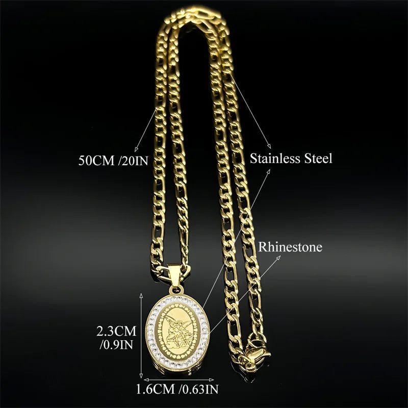 Seal of Archangel Michael Medal Necklace for Women/Men Rhinestone Stainless Steel Gold Silver Color Talisman Chain Jewelry