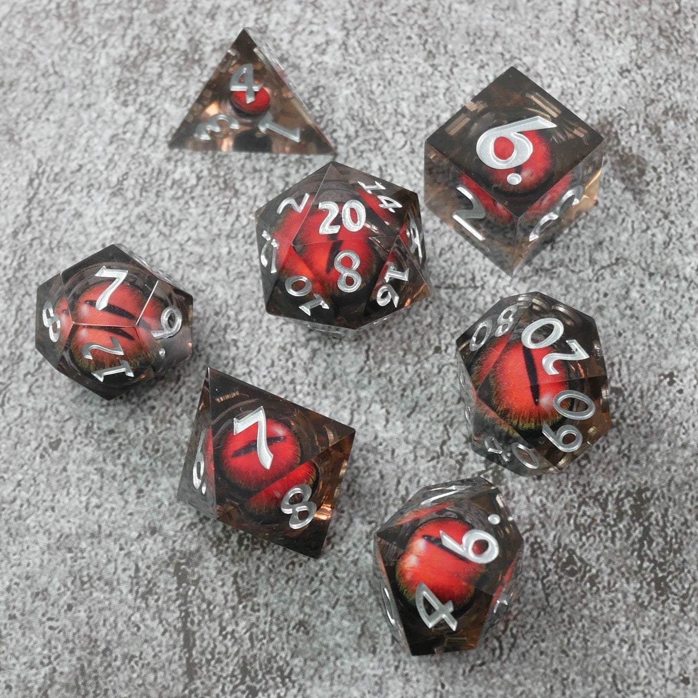 Smaug's Eye |  7 Piece Moving Eye DnD Dice Set | Acrylic RPG Gaming Dice