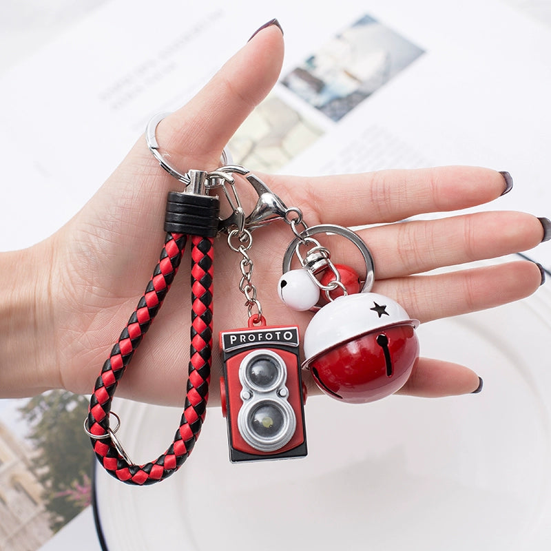 BS-034 Retro Camera Shape Pendant Sound Luminous Creative Gift Accessories SLR Camera Keychain Red + red and black rope + red and white bell