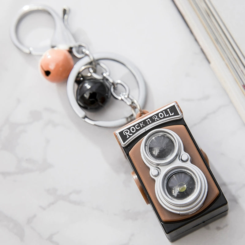 BS-034 Retro Camera Shape Pendant Sound Luminous Creative Gift Accessories SLR Camera Keychain Brown + small orange bell + small black Bell