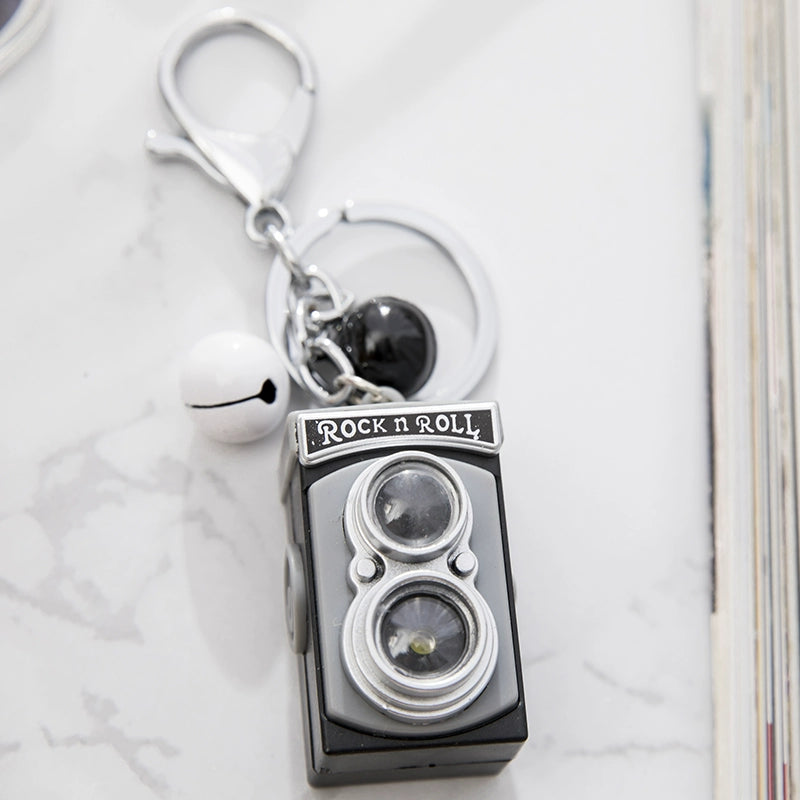 BS-034 Retro Camera Shape Pendant Sound Luminous Creative Gift Accessories SLR Camera Keychain Gray + small white bell + small black Bell