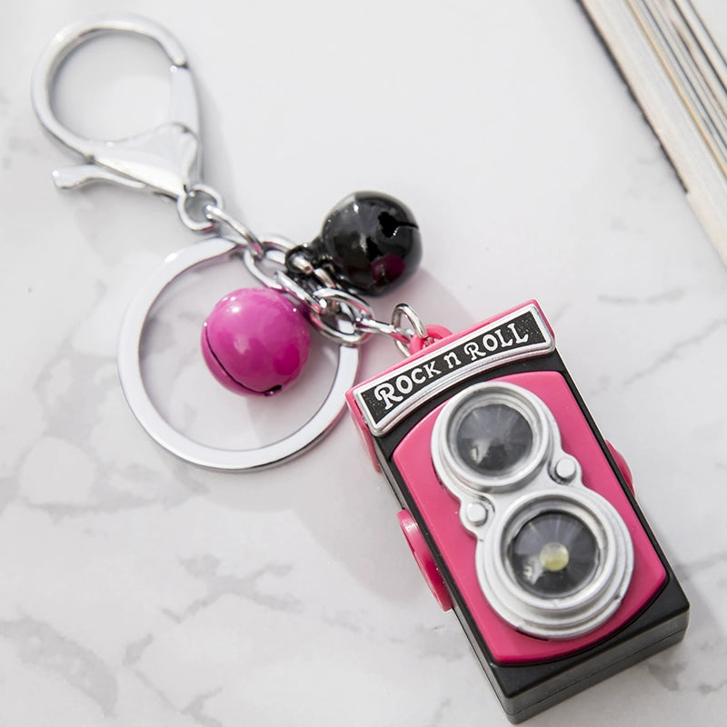 BS-034 Retro Camera Shape Pendant Sound Luminous Creative Gift Accessories SLR Camera Keychain Rose pink + small Rose Bell + small black Bell