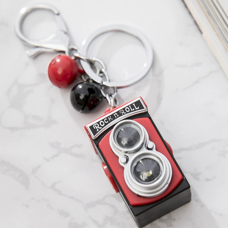 BS-034 Retro Camera Shape Pendant Sound Luminous Creative Gift Accessories SLR Camera Keychain Big Red + small red bell + small black Bell