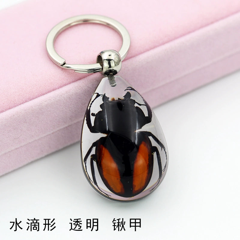Insect Specimen Artificial Amber Car Key Ring Key Pendant Personality Creative Pendants Stainless Steel Key Case for Men Color(Drop Transparent Spade Armor)