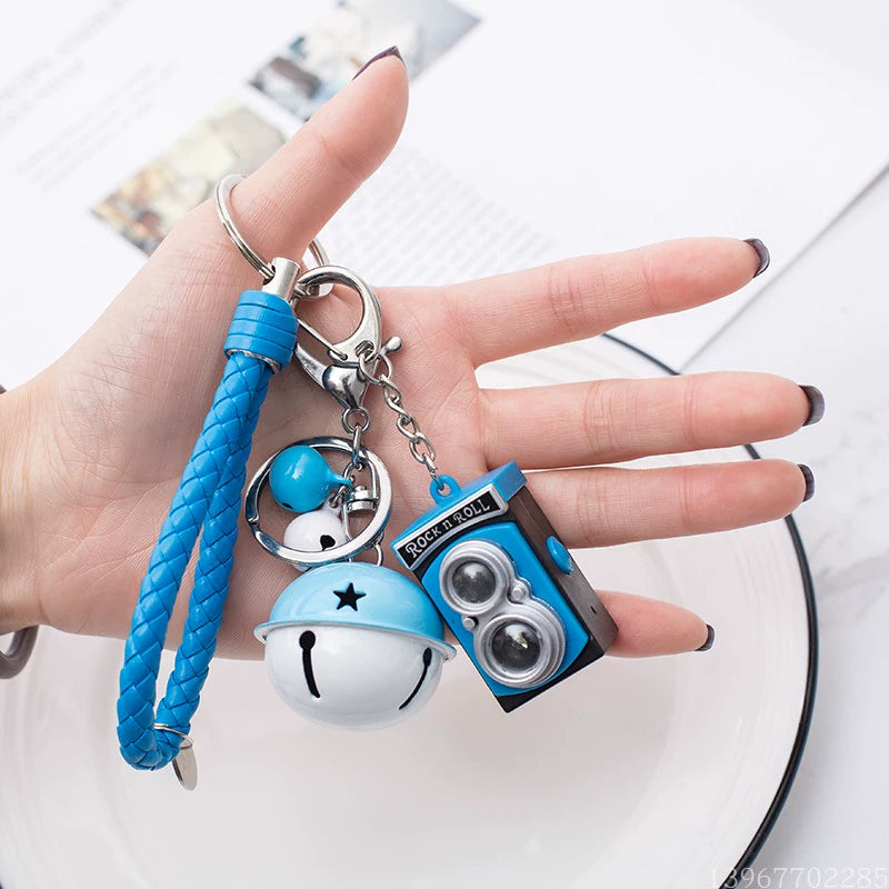 BS-034 Retro Camera Shape Pendant Sound Luminous Creative Gift Accessories SLR Camera Keychain Blue + lake blue rope + Blue White Bell