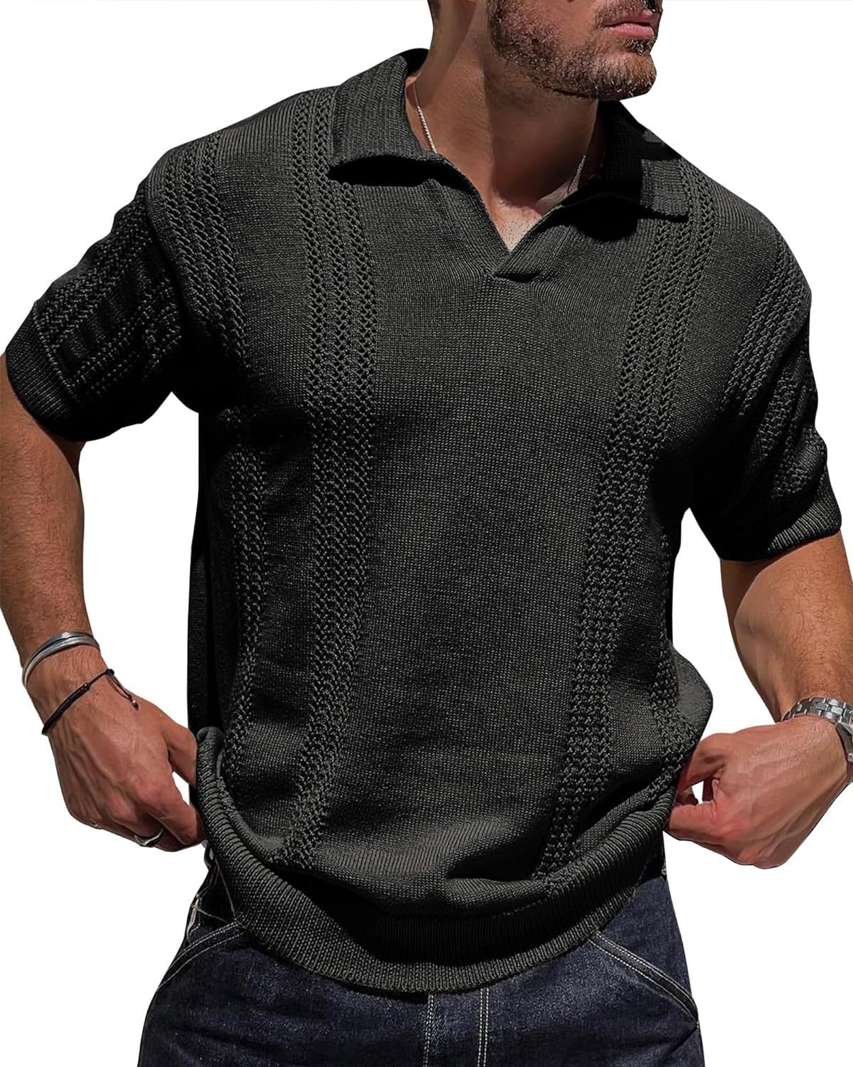 European And American Fashion Men's Knitted Polo Shirt Short Sleeve V-neck Hollow Black