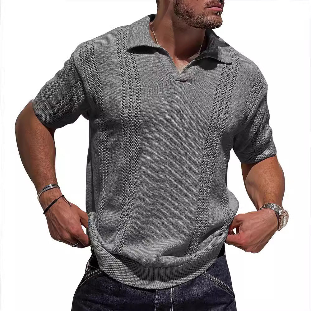 European And American Fashion Men's Knitted Polo Shirt Short Sleeve V-neck Hollow Dark Gray
