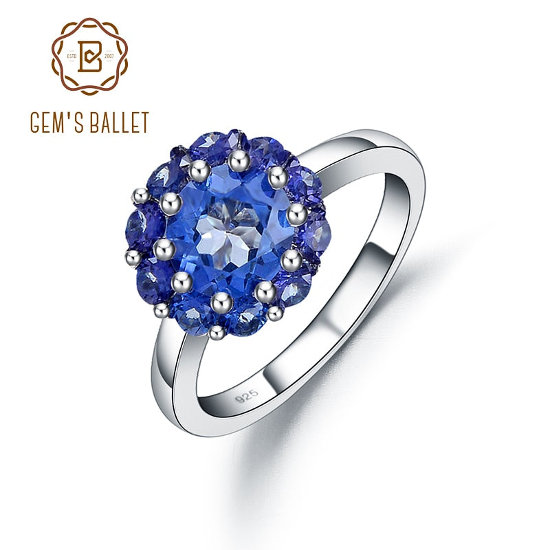 GEM&#39;S BALLET Iolite Blue Mystic Quartz Statement Ring Halo Engagement Rings in 925 Sterling Silver Gift For Her Quartz Jewelry