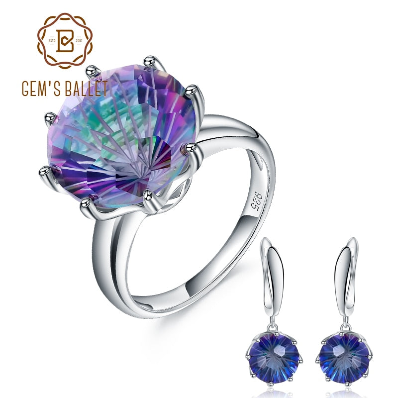 GEM&#39;S BALLET Natural Rainbow Mystic Quartz Gemstone Set 925 Sterling Silver Ring Earrings Jewelry Set For Women Wedding Jewelry