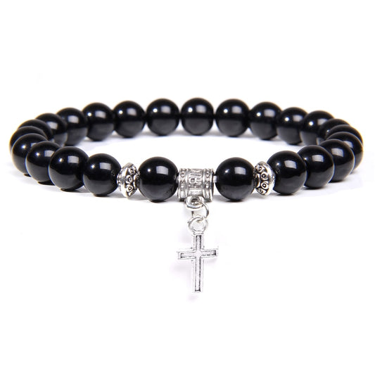 Natural Black Onyx Beads Bracelet Fashion Volcanic Lava Beaded Religion Cross Pendant Charm Bracelet for Women Men Yoga Jewelry