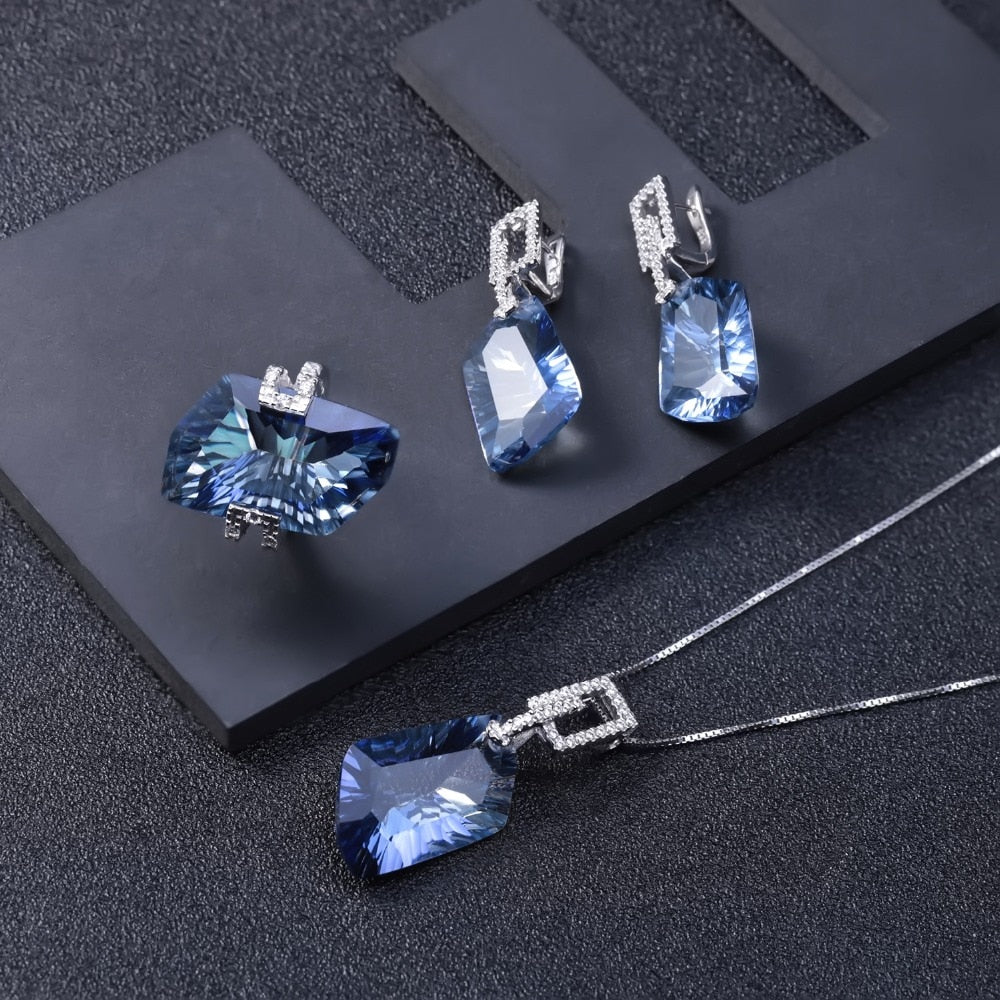 GEM&#39;S BALLET Irregular Natural Iolite Blue Mystic Quartz Geometric Jewelry Sets 925 Sterling Silver Necklace Earrings Ring Set