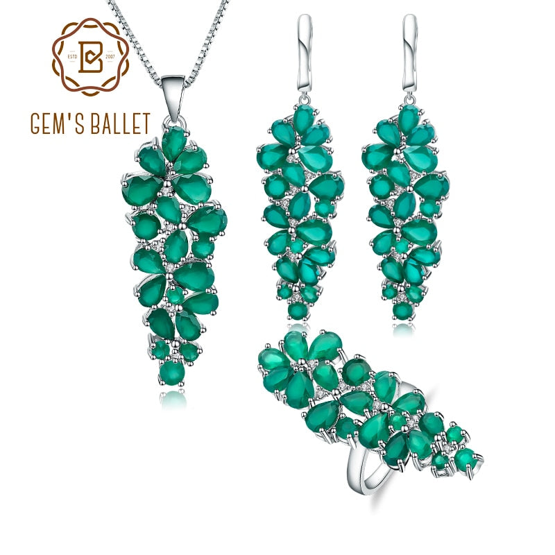 GEM&#39;S BALLE Natural Green Agate Gemstone Ring Earrings Pendant Set For Women Luxury 925 Sterling Silver Birthstone Jewelry Sets