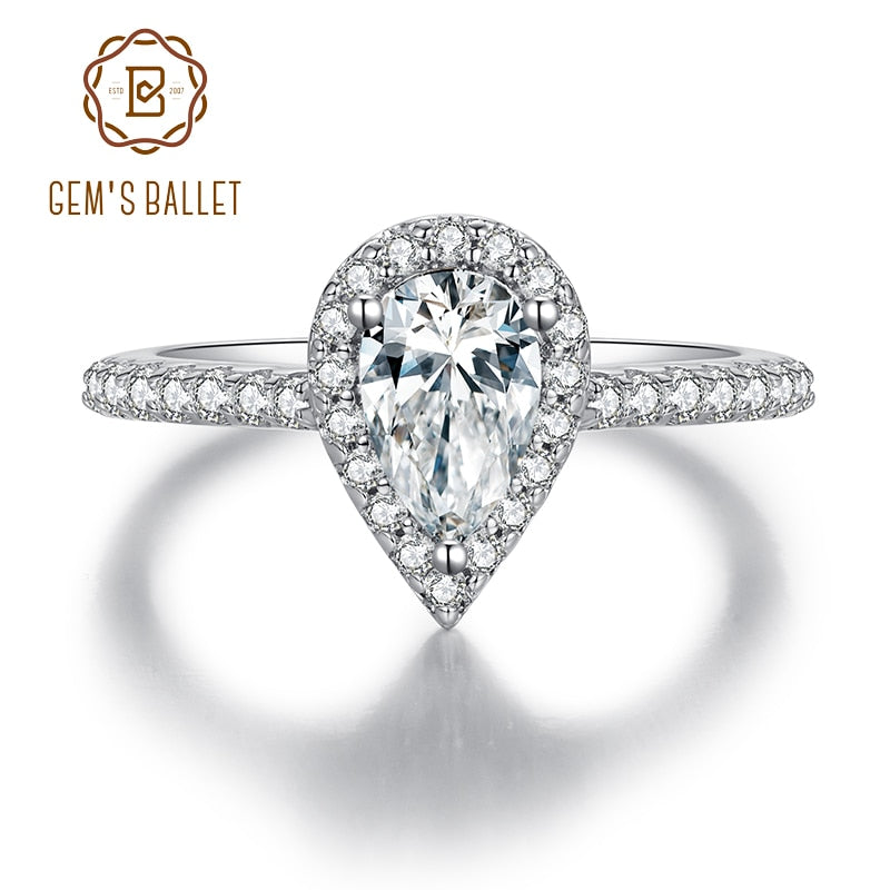 GEM&#39;S BALLET 1.0Ct 5*8mm Pear Cut Moissanite Petite Halo Engagement Ring 925 Sterling Silver Moissanite Wedding Ring For Women