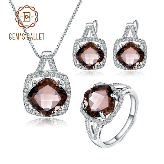 GEM&#39;S BALLET 925 Sterling Silver Earrings Ring Pendant Set Jewelry Natural Geometric Smoky Quartz Jewelry Set For Women Wedding