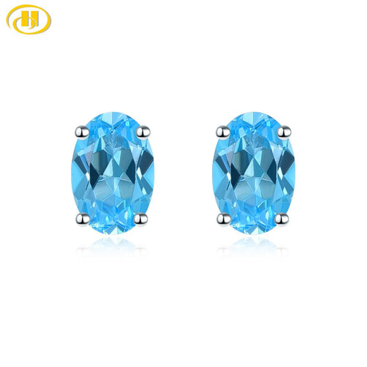 Hutang Oval 6x4 Genuine Blue Topaz 925 Silver Stud Earrings Solid 925 Sterling Silver Fine Elegant Gemstone Jewelry for Women