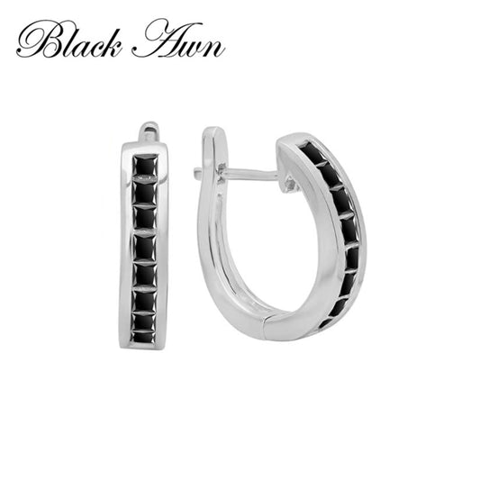 Black Awn New Classic Silver Round Black Trendy Spinel Engagement Hoop Earrings for Women Fashion Jewelry I194 Default Title