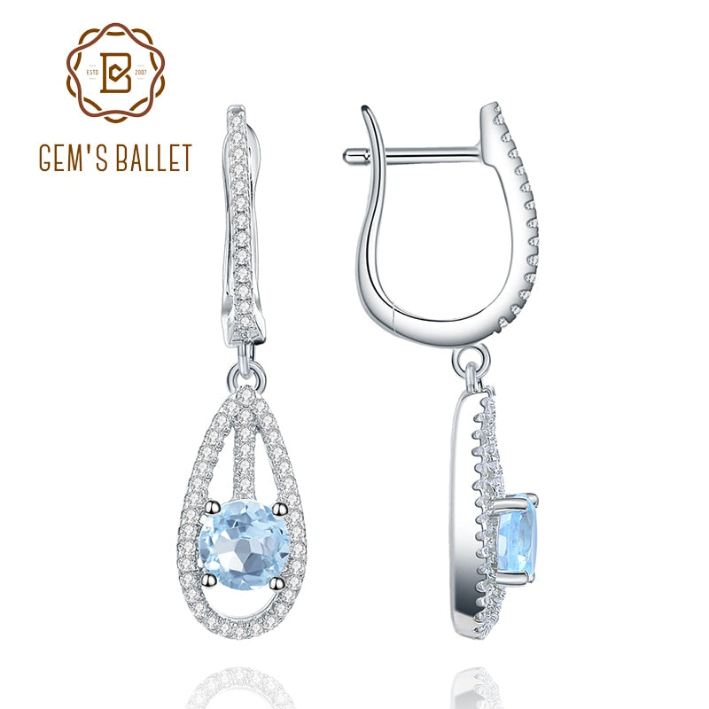 GEM'S BALLET Natural Sky Blue Topaz Elegant Dangle Earrings For Women Jewelry 925 Sterling Silver Gemstone Stud Earrings