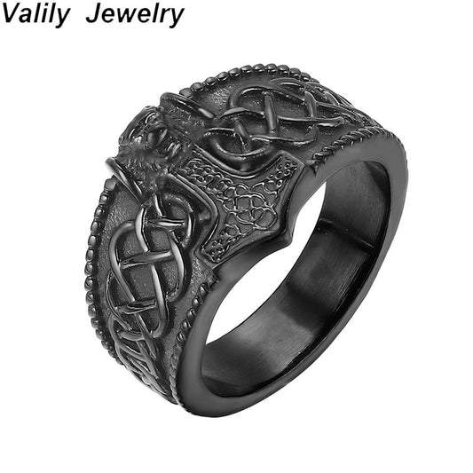 Valily Thor&#39;s Hammer Celtic Knot Ring Mens Nordic lion Stainless Steel Viking Mjolnir Rings Amulet Jewelry for Man