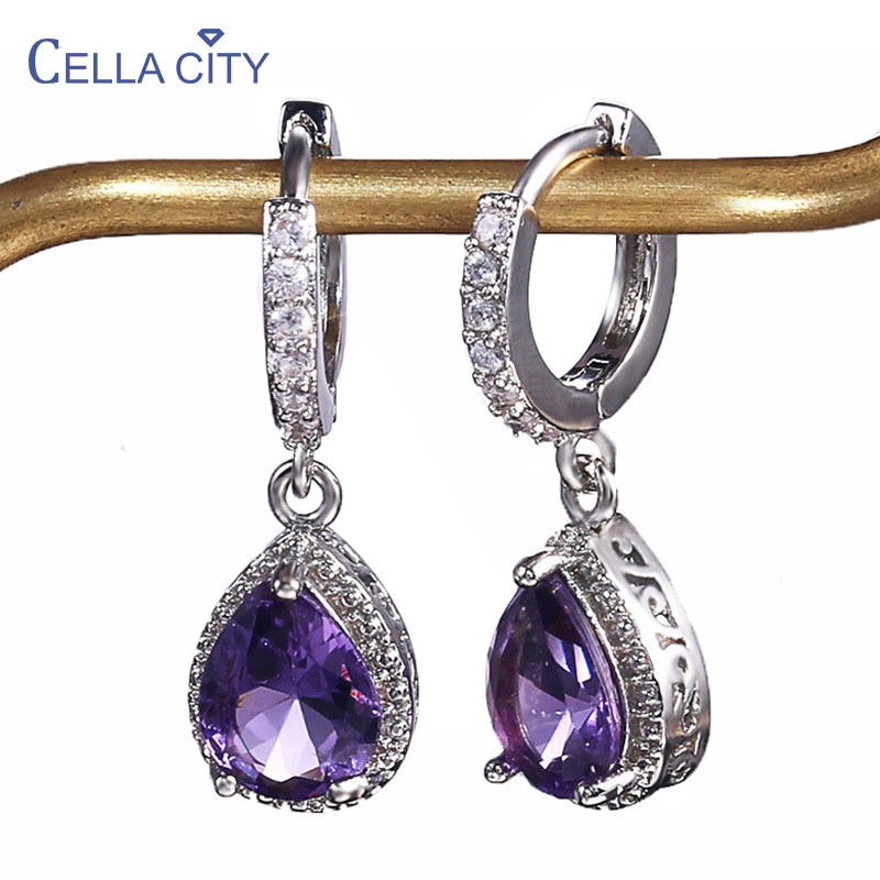 Cellacity Silver 925 Jewelry with Gemstones Water Drop Shaped Earrings for Women Amethyst Female Ear drops Anniversary Gifts