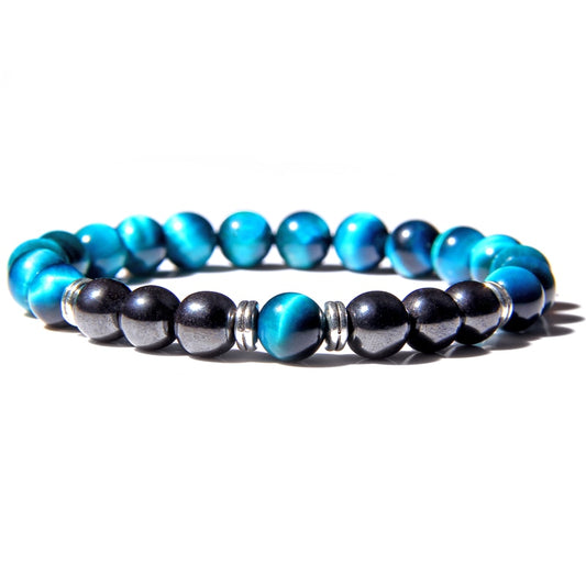 Natural Polished Blue Tiger Eye Stone Bracelets For Women Men Fashion Classic Elastic Hematite Bracelets Femme Bangle Jewelry