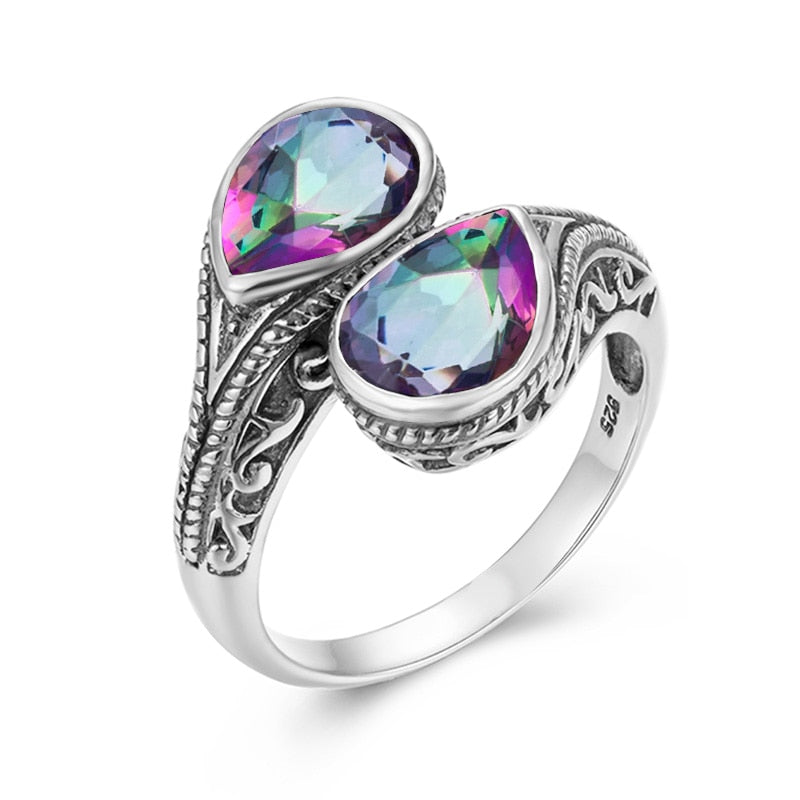 Woman Rings Rainbow Mystic Topaz Stone Eye of God Real 925 Silver Ring Female Dating Party Fine Jewelry