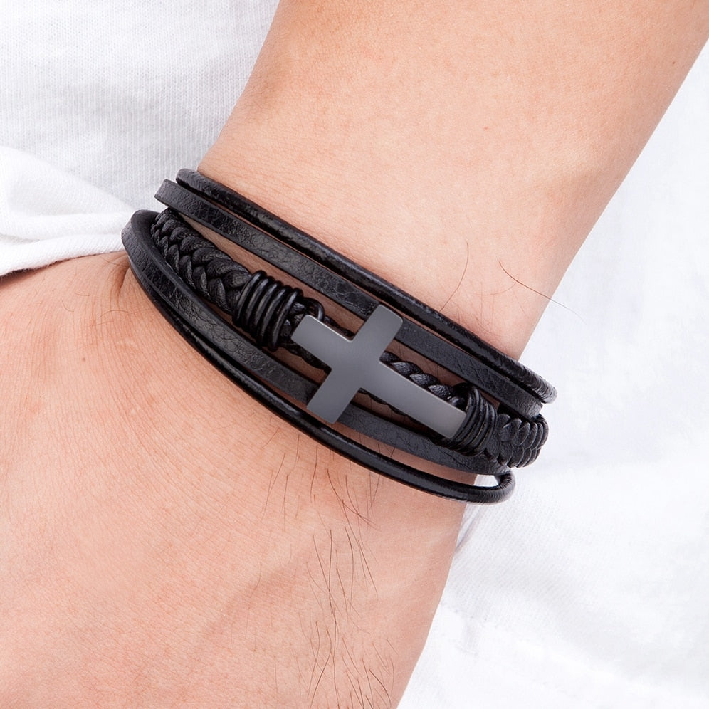 TYO Classic Style Cross Men Bracelet Multi-Layer Stainless Steel Leather Bangles Magnetic Clasp For Friend Fashion Jewelry Gift