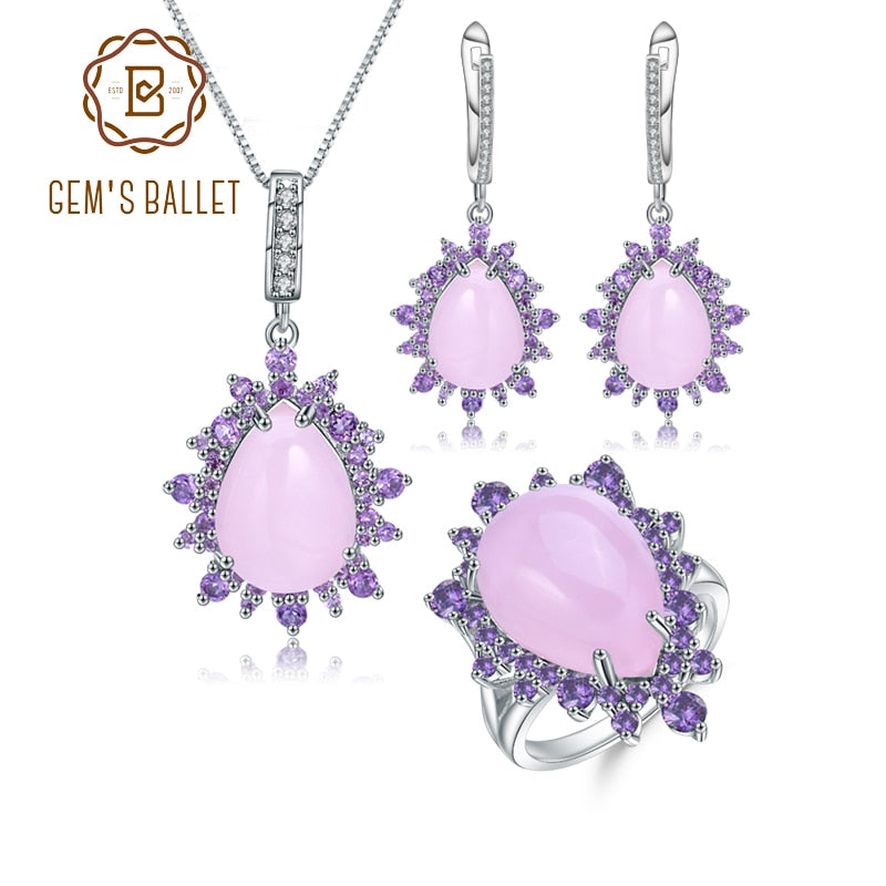 GEM&#39;S BALLET925 Sterling Silver Ring Earrings Pendant Sets Natural Pink Calcedony Vintage Jewelry Set For Women Fine Jewelry 45cm