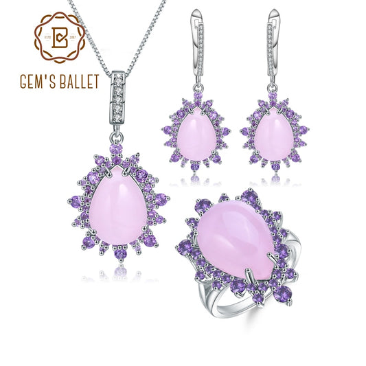 GEM&#39;S BALLET925 Sterling Silver Ring Earrings Pendant Sets Natural Pink Calcedony Vintage Jewelry Set For Women Fine Jewelry 45cm