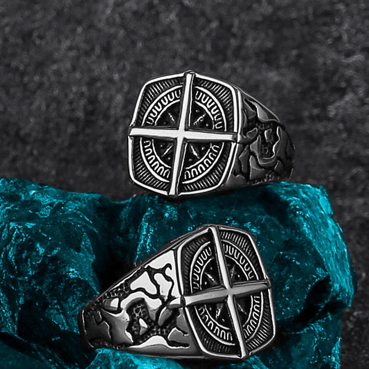 Nordic Vikings Cross Nautical Chart Amulet Stainless Steel Men&#39;s Ring Jewelry Creative Gifts Wholesale