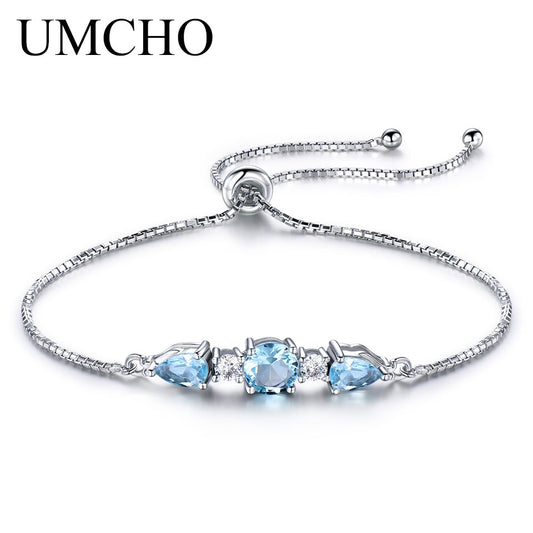 UMCHO Solid 925 Sterling Silver Bracelets &amp; Bangles For Women Natural Sky Blue Topaz Adjustable Tennis Bracelet Fine Jewelry