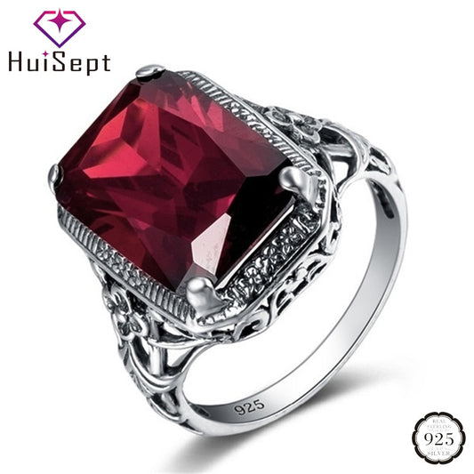 HuiSept Classic Silver 925 Ring Jewelry Rectangle Shape Ruby Gemstone Ring for Male Female Wedding Party Gift Ornament