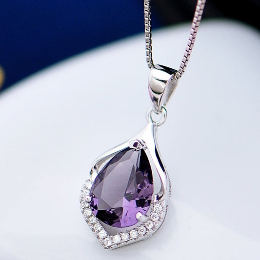 Bague Ringen Elegant Water Drop Shaped Pendant Amethyst Necklace for Women Temperament Gemstone Fashion Jewelry Weddings Gift Purple 45cm