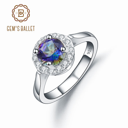 GEM&#39;S BALLET Real 925 Sterling Silver Gemstone Halo Ring Natural Green Emerald Mystic Topaz Rings For Women Fine Jewelry