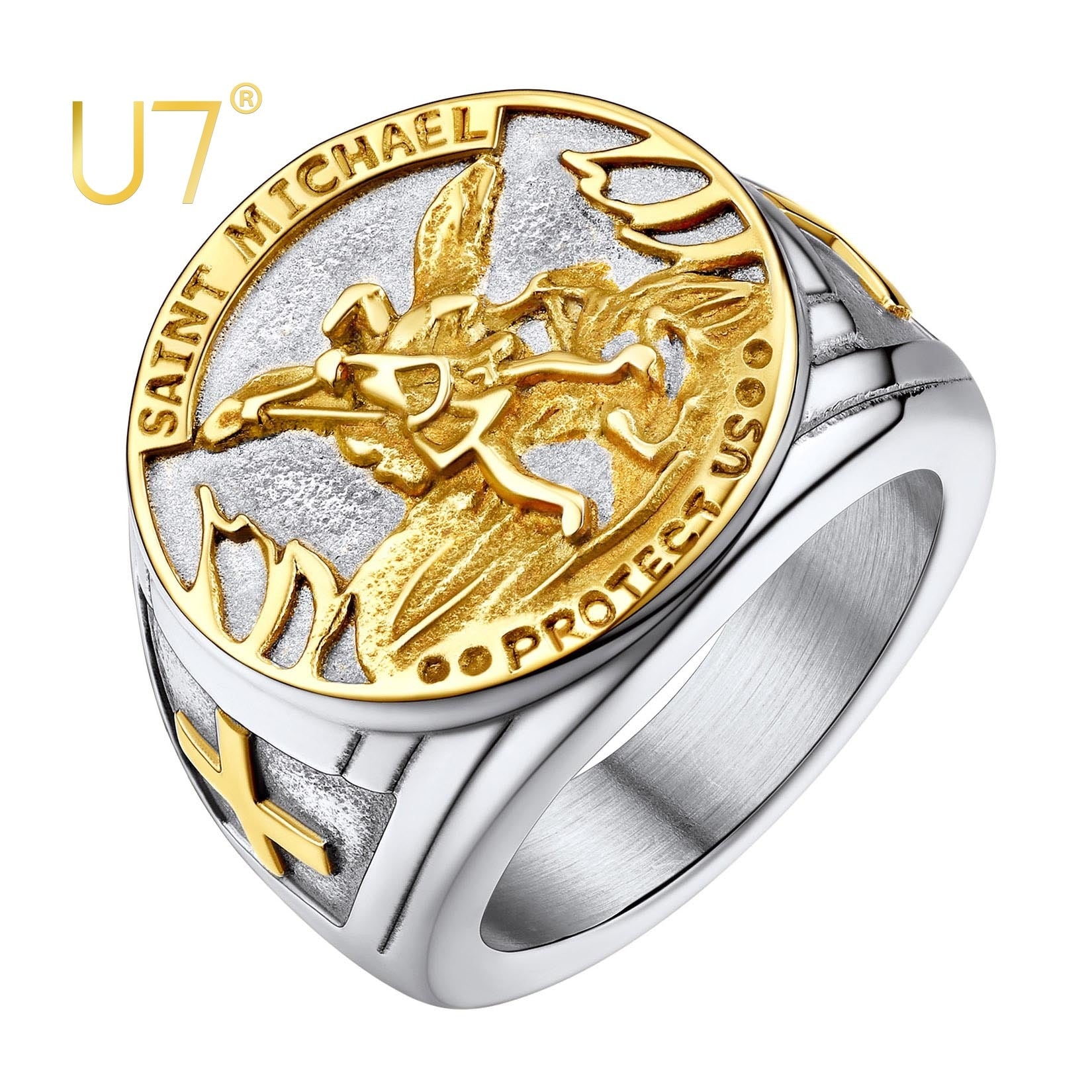 U7 Circle Signet Rings for Men Gold Color Stainless Steel Catholic Archangel Saint Michael Jewelry Unisex Cool Thumb Ring