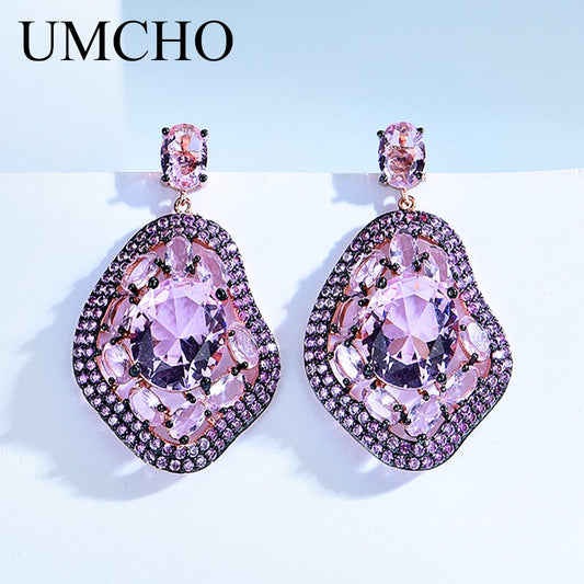 UMCHO Created Nano Pink Morganite Drop Earrings Luxury Genuine 925 Sterling Silver Earrings For Women Anniversary Gift Jewelry