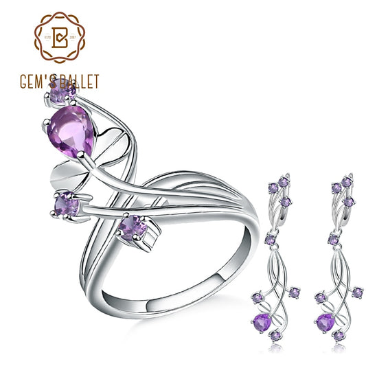 GEM&#39;S BALLET Romantic Natural Amethyst Purple Gemstone Flower Jewelry Sets Pure 925 Sterling Silver Earrings Ring Set For Women