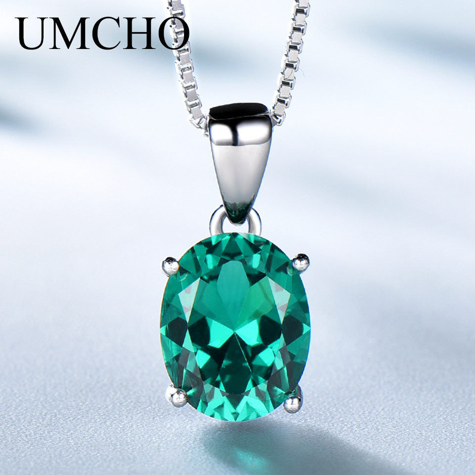 UMCHO Oval Cut Green Emerald Engagement Pendants Necklaces for Women Halo May Birthstone Jewelry Dainty Bridal Wedding Pendant