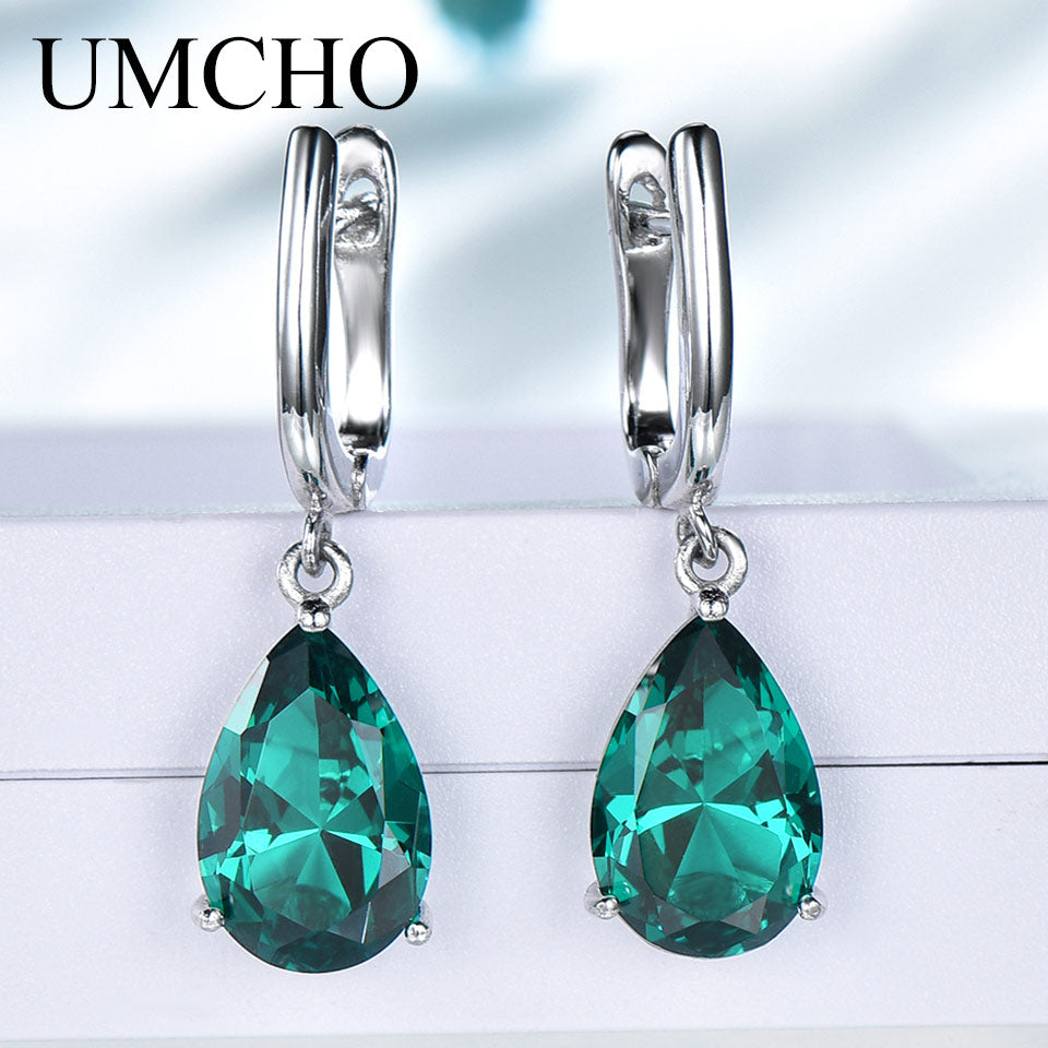 UMCHO Created Green Emerald Gemstone Clip Earrings for Women Solid 925 Sterling Silver Anniversary Wedding Party Gifts Jewelry