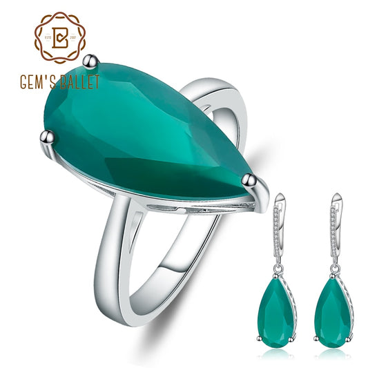 GEM&#39;S BALLET Natural Green Agate Gemstone Earrings Ring Sets For Women Genuine 925 Sterling Silver Water Drop Fine Jewelry Set