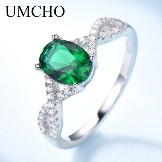 UMCHO Classic 925 Sterling Silver Oval Gemstone Nano Emerald Ring Female Engagement Party Birthday Gift Anniversary Ring