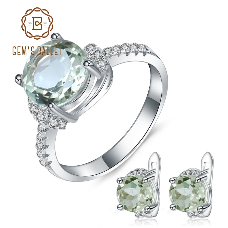 GEM&#39;S BALLET Natural Green Amethyst Round Earrings Ring Set 925 Sterling Silver Jewelry Set For Women Wedding Fine Jewelry