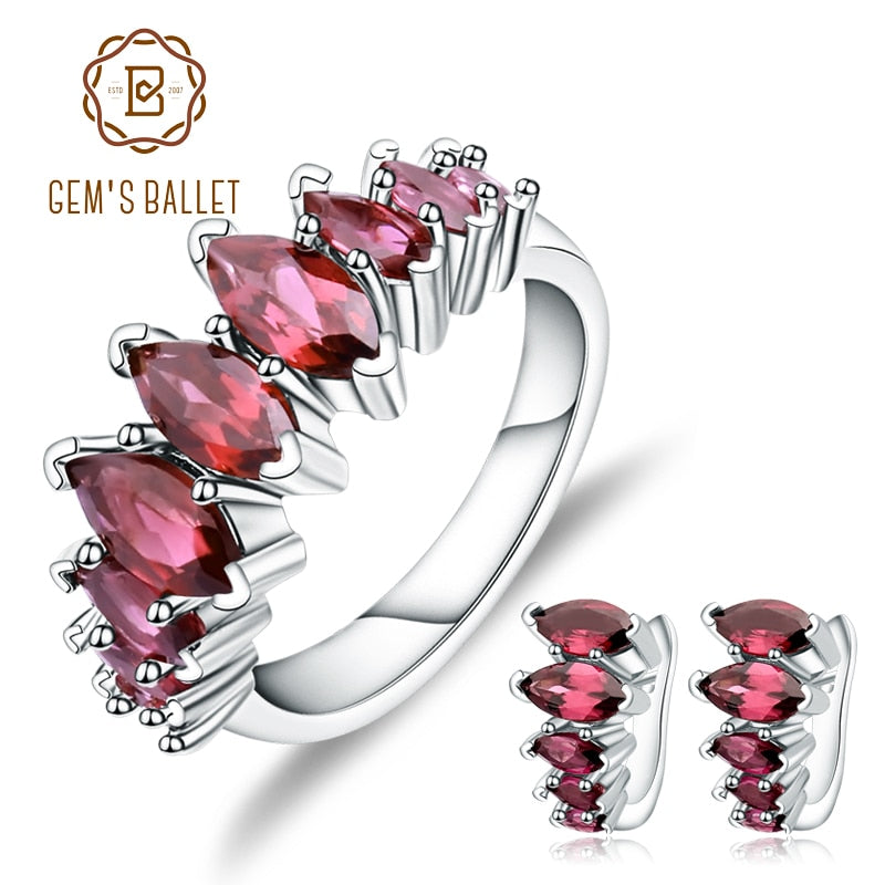 GEM&#39;S BALLET Natural Rhodolite Garnet Gemstone Earrings Ring Set 925 Sterling Silver Jewelry Set For Women Gift Fine Jewelry