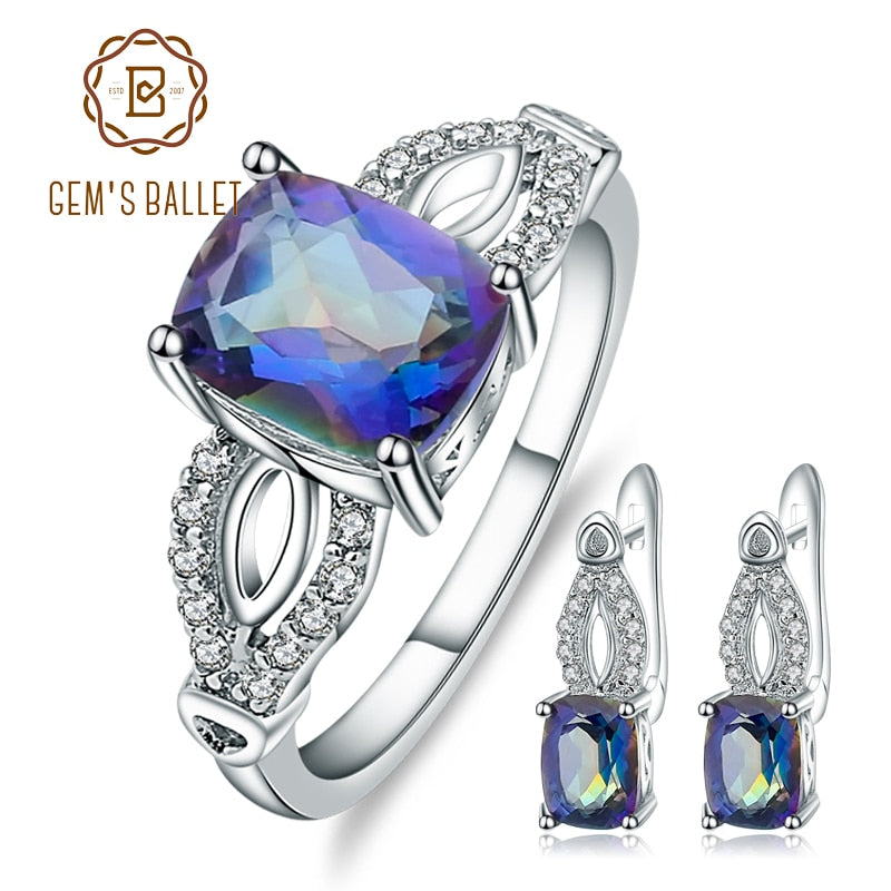 GEM&#39;S BALLET New 5.98Ct Natural Blueish Mystic Quartz Jewelry Sets For Women Wedding Pure 925 Sterling Silver Earrings Ring Set