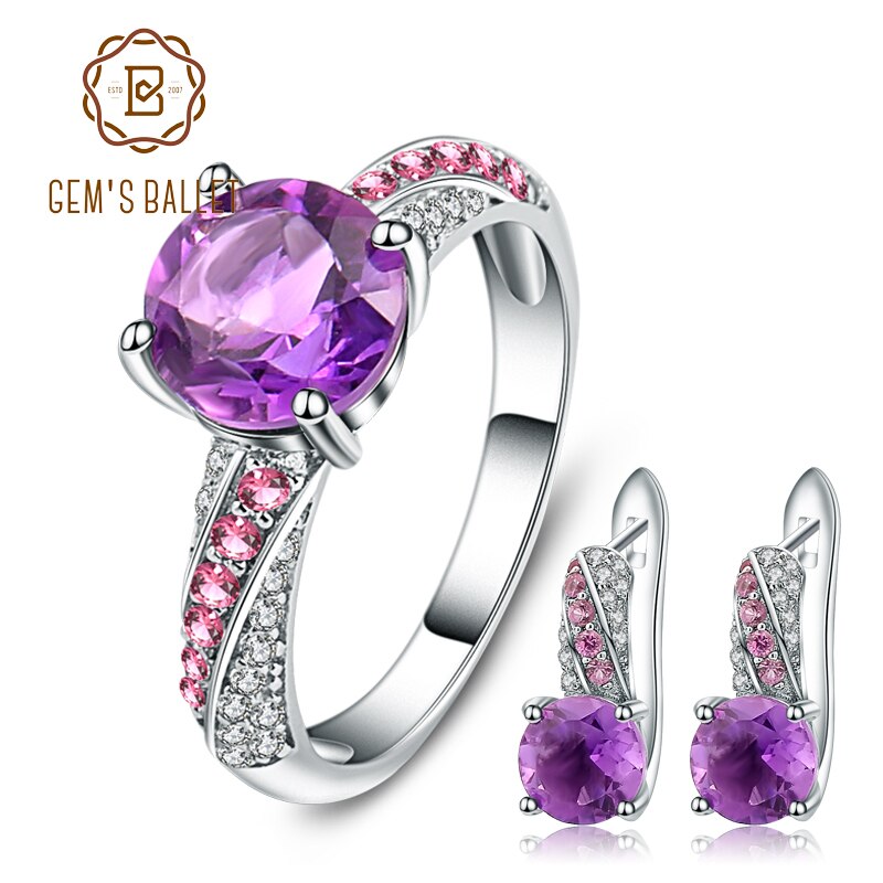 GEM&#39;S BALLET Round Natural Amethyst Dark Purple Fine Jewelry Sets Pure 925 Sterling Silver Earrings Ring Set For Women Wedding