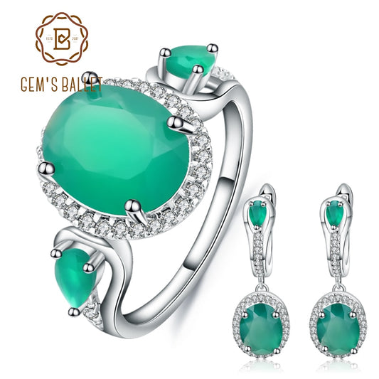 GEM&#39;S BALLET 925 Sterling Silver Vintage Earrings Ring Set Natural Oval Green Agate Jewelry Sets For Women Anniversary Jewelry