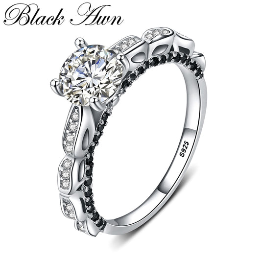 BLACK AWN 2020 Hot Fashion 925 Sterling Silver Fine Jewelry Engagement Black Spinel Round Engagement Ring for Women G096