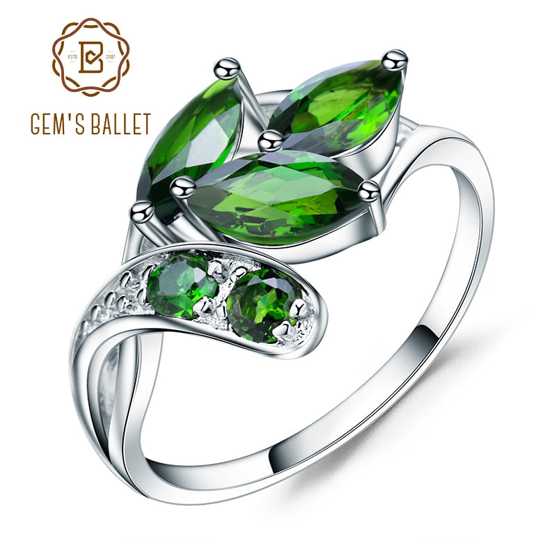 GEM&#39;S BALLET 2.15Ct Ct Natural Chrome Diopside Gemstone Ring 925 Sterling Silver Leaf Shape Rings Fine Jewelry for Women